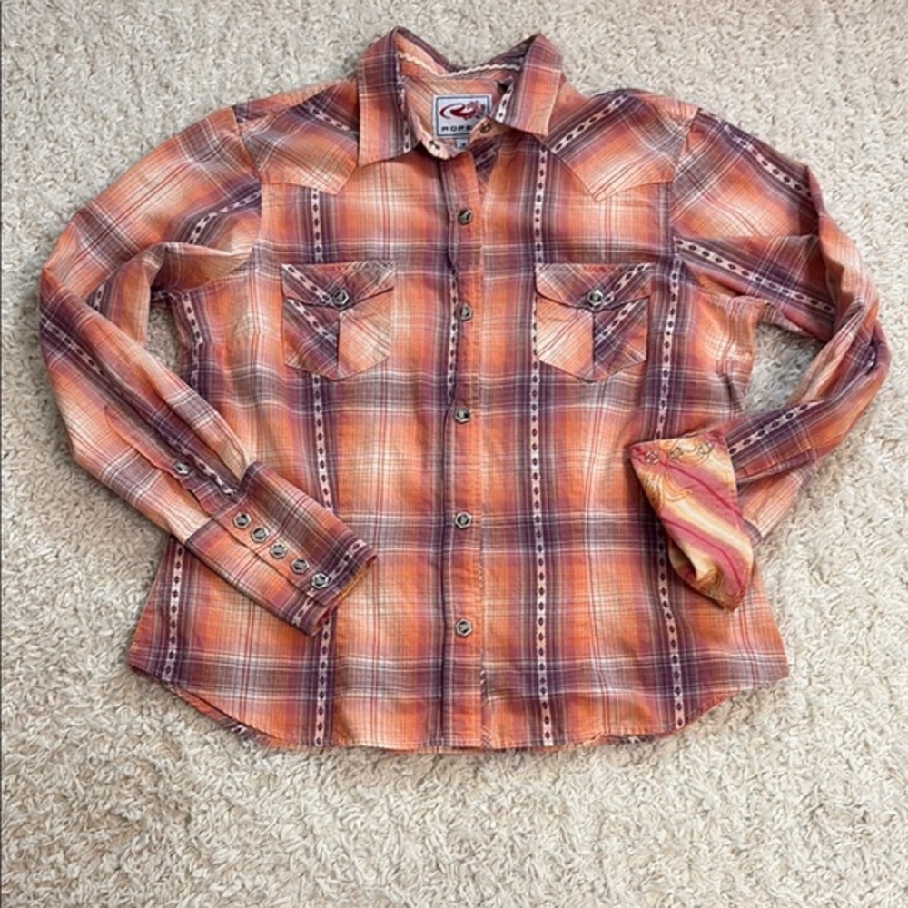 ROPER M fitted long sleeve snap button down western shirt in golden salmon hues